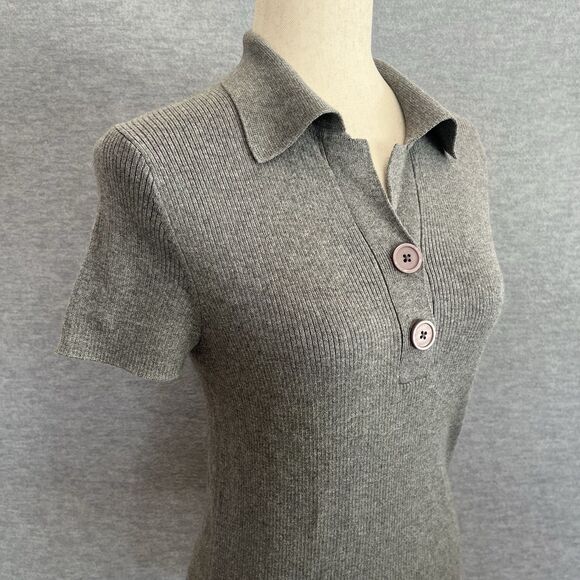 Ann Taylor Tenniscore Ribbed Cotton Top Size L Gray Collared Old Money Preppy - Picture 5 of 10